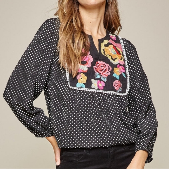 Savanna Jane Floral Embroidered Top in Black Polka Dots Size Small - Picture 1 of 15